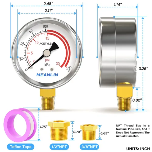 Miniatura 2 de MEANLIN MEASURE Manómetros de baja y alta presión para regulador de acetileno 1/4" NPT 2.5" Dial de cara, 30 Psi y 400 Psi Calibres de repuesto