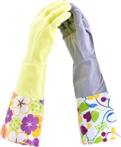Guantes domésticos de limpieza sin látex, guantes grises y amarillos con forro suave, puño largo de 15 pulgadas y agarre (2 pares), talla L