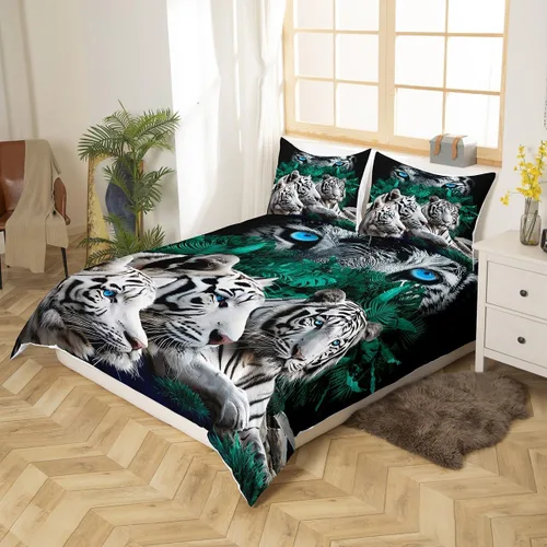 Miniatura 2 de Feelyou Juego de funda de edredón de tigre, diseño de animales salvajes, para niños y adultos, juego de funda de edredón de gatos safari, suave