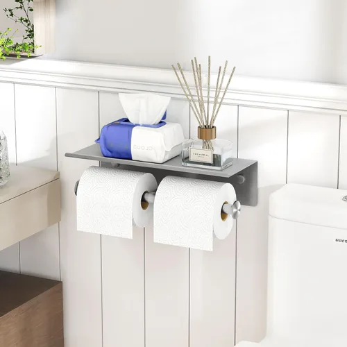 Miniatura 2 de YUMORE Soporte de papel higiénico, soporte de papel higiénico de acero inoxidable 304 para baño, doble rollo de papel higiénico con estante, Acabado