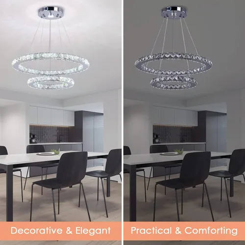 Miniatura 5 de TongLan Lámpara LED moderna de cristal de 19.7 x 11.8 pulgadas, lámpara colgante de techo, 2 anillos, accesorios de iluminación de acero inoxidable