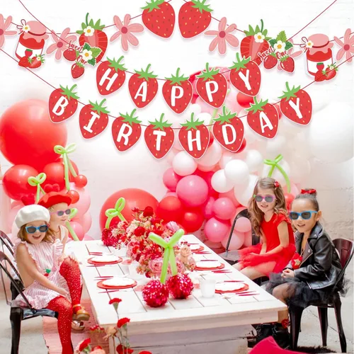 Miniatura 4 de SUNBEAUTY Pancarta de Feliz Cumpleaños de Fresa, Pancarta Colgante de Fiesta de Frutas Rojas Berry Sweet, Decoraciones de Cumpleaños de Fresa