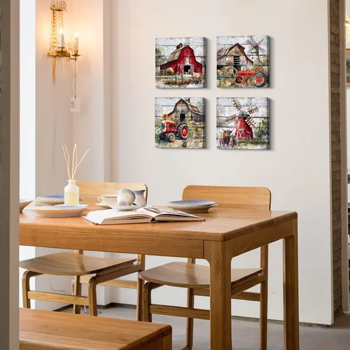 Miniatura 2 de Arte de pared rústico de granja, pintura de paisaje rural, molino de viento de granero, camión, impresiones en lienzo de animales de granja, vaca