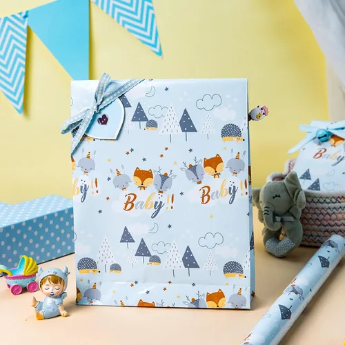 Miniatura 4 de Homeral Rollo de papel para envolver regalos azul para baby shower - Rollo mini - 17 pulgadas x 16.5 pies - Juego reversible de papel de regalo