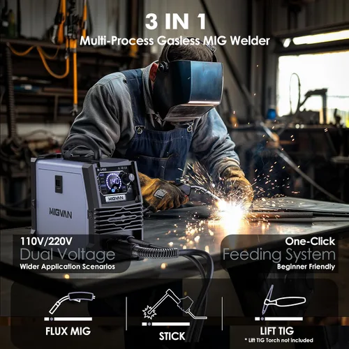 Miniatura 2 de Soldador MIG sin gas de 140A, Máquina de soldadura de voltaje dual 110V/220V, MIG con núcleo de fundente/Lift TIG/Stick ARC 3 en 1 Soldadores MIGVAN
