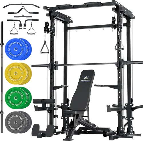 MAJOR FITNESS Drone3 Smith Machine, 2500 libras todo en uno para gimnasio en casa con sistema de polea doble para cable cruzado, barras de dominadas