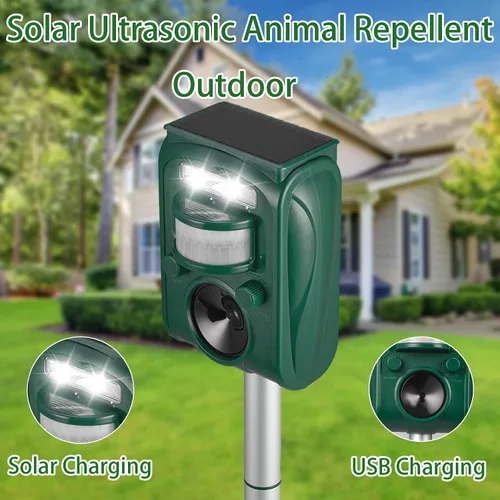 Miniatura 7 de Repelente solar ultrasónico de animales al aire libre, disuasorio de ardillas para gatos, perros y ciervos activado por movimiento, con luz
