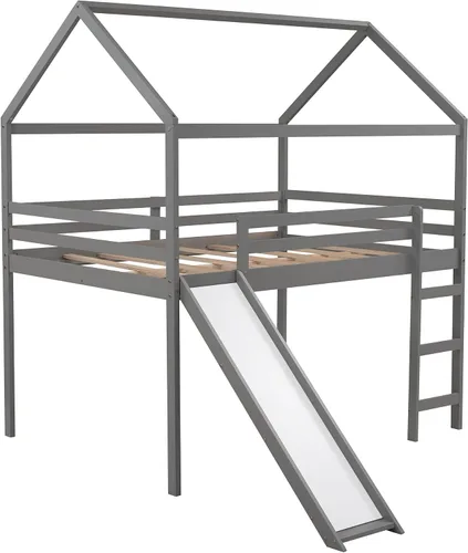 Miniatura 4 de Harper & Bright Designs Cama alta de tamaño matrimonial con tobogán, cama alta de madera, marco de cama tipo loft con techo y barandilla, cama alta