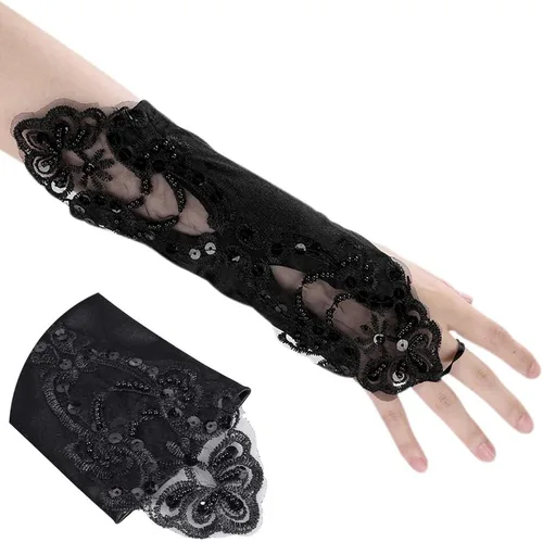 Miniatura 4 de HAOZAIKEJI - Guantes de encaje floral sin dedos, guantes de novia con lentejuelas para mujer, ropa de mano, boda, graduación, fiesta, mitón vintage