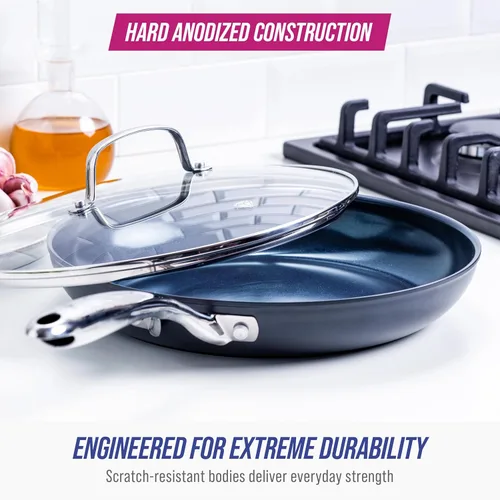 Miniatura 3 de Blue Diamond - Utensilios de cocina de cerámica antiadherente con anodizado duro, sartén de 11 pulgadas con tapa, sin PFAS, apta para lavavajillas