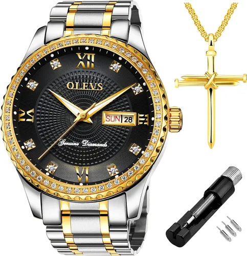 Miniatura 8 de OLEVS - Relojes de diamantes para hombres, relojes de vestir a prueba de agua, relojes analógicos de cuarzo de lujo con calendario de fecha y correa