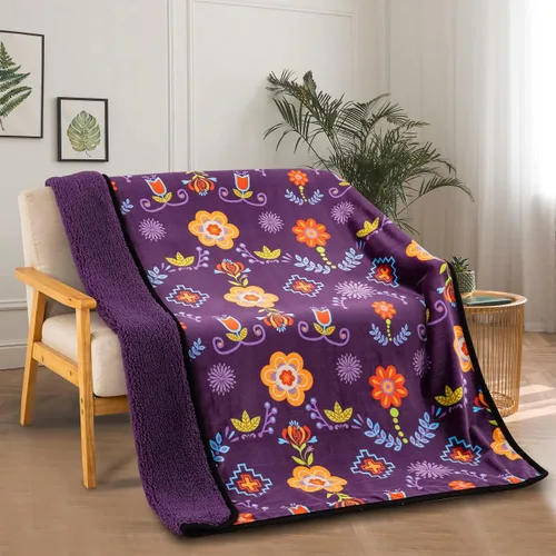 Miniatura 2 de Manta de forro polar Sherpa para sofá, súper mullida, suave y acogedora manta de felpa de doble cara, 50 x 60 pulgadas (diseño floral nativo)