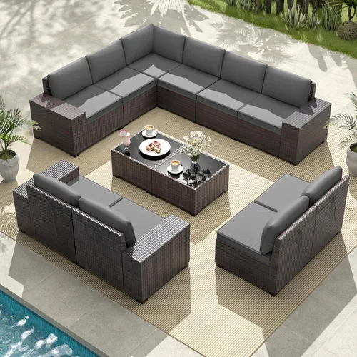 Miniatura 13 de Gotland Juego de muebles de patio de 8 piezas con mesa con fogón, muebles de ratán para exteriores para todo tipo de clima con respaldo alto de 2