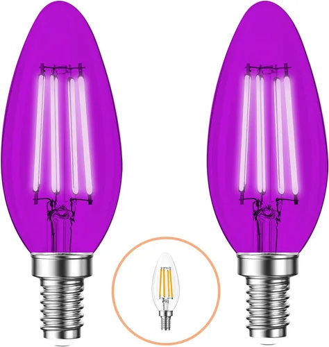 Paquete de 2 bombillas LED de filamento E12 color morado – Bombilla de candelabro E12 equivalente a 4 W 40 W – Iluminación vintage púrpura LED para