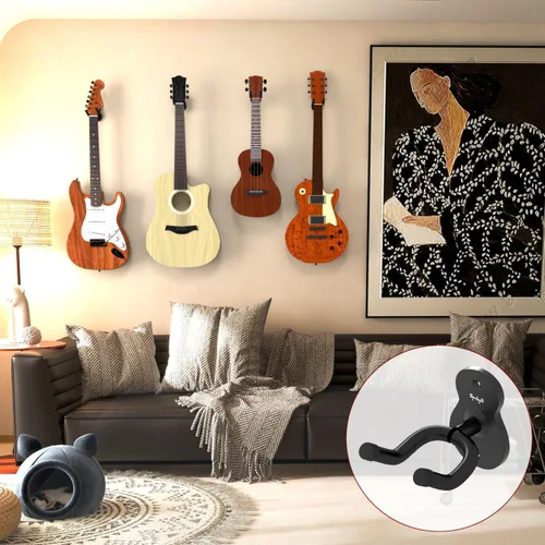 Miniatura 5 de Soporte de pared para guitarra, paquete de 6 perchas de guitarra para pared, soporte de guitarra de metal negro para bajos, guitarra eléctrica