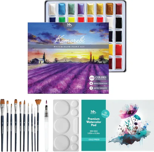Miniatura 11 de Juego de pintura de acuarela japonesa premium Mozart - 40 colores ricos con pastillas metálicas y de neón - Juego de calidad artística para adultos