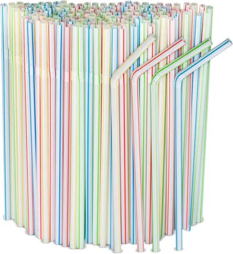 Paquete de 500 popotes desechables de plástico flexible a rayas, 8 pulgadas de alto, varios colores