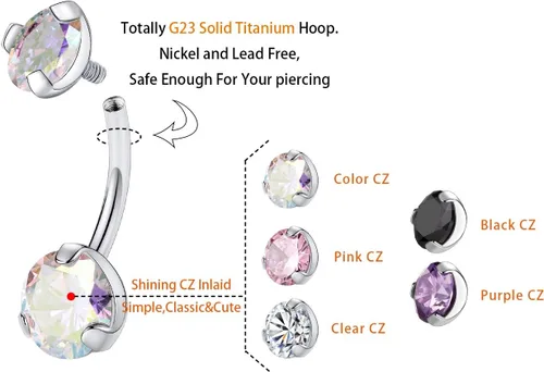 Miniatura 3 de PEAKLINK Piercing de ombligo de titanio de 0.45 oz, joyería para el ombligo, barra de ombligo roscada internamente con doble circonita cúbica