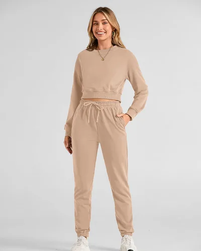 Miniatura 68 de BTFBM Conjunto deportivo de 2 piezas para mujer, camiseta corta de manga larga, sin botones, pantalón con cordón ajustable, pantalones deportivos