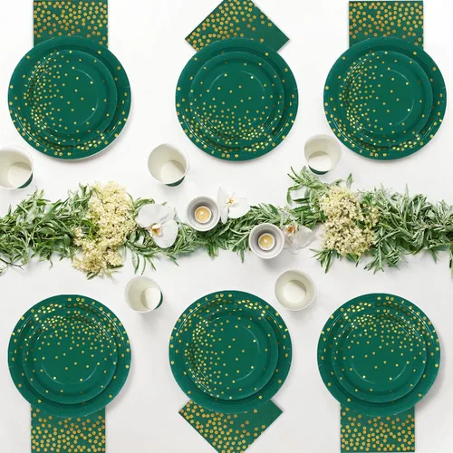 Miniatura 4 de 150 piezas de decoraciones de fiesta verdes y doradas, platos verdes y servilletas, suministros de fiesta para 50 invitados, platos de papel