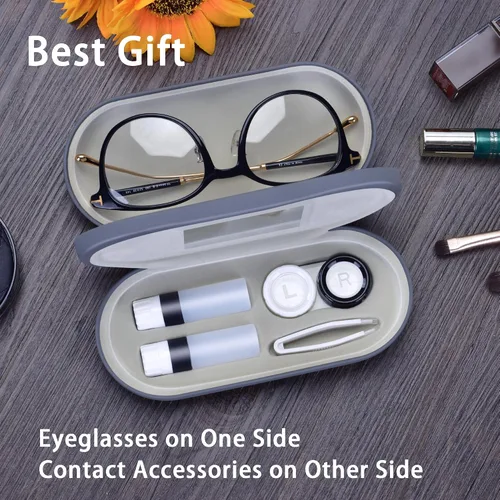 Miniatura 4 de Muf Funda portátil 2 en 1 para lentes de contacto y funda para anteojos, diseño de doble uso con espejo integrado, pinzas y botella de solución