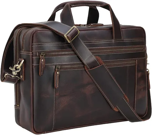 TIDING Maletín de cuero genuino de 17 pulgadas para portátil de mensajero para hombres de negocios de viaje bolsa de hombro