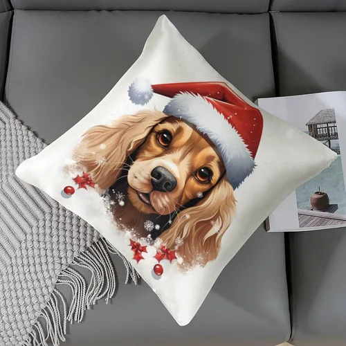 Miniatura 6 de Divertidas fundas de almohada de satén de Navidad con diseño de perro y cocker spaniel con gorro de Papá Noel, copos de nieve, decoración