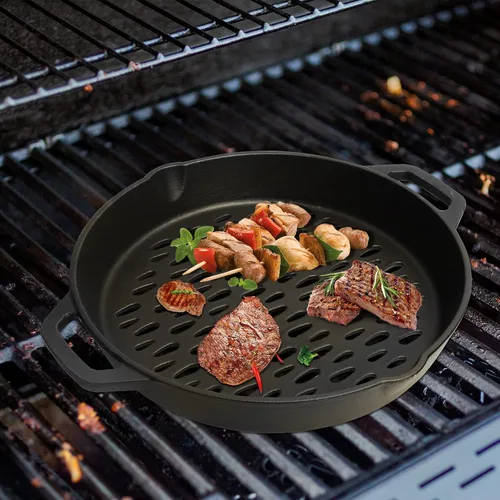 Miniatura 6 de Cestas redondas de hierro fundido para todos los ahumadores de carbón y parrillas de gas, bandeja antiadherente de hierro fundido de 12 pulgadas