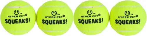 Hyper Pet Squeaks! - Pelotas de tenis para perros con chirriadores, paquete de 4, color verde, pelotas de tenis duraderas no abrasivas para perros