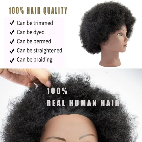 Miniatura 2 de Cabeza de maniquí afro rizado 100% cabello humano real, (10 pulgadas) negro para trenzado manual, práctica de peinado, peluquería, escuela, maniquí