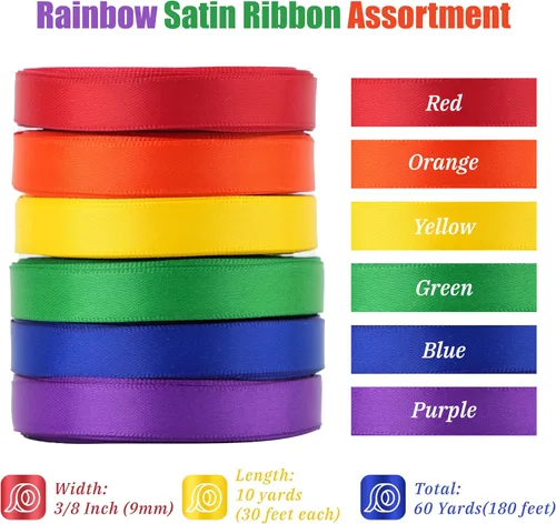 Miniatura 2 de Cinta de satén arco iris multicolor de 3/8 pulgadas, surtido de 6 rollos de cinta delgada de arco iris para envolver, tarjeta de invitación, Arco