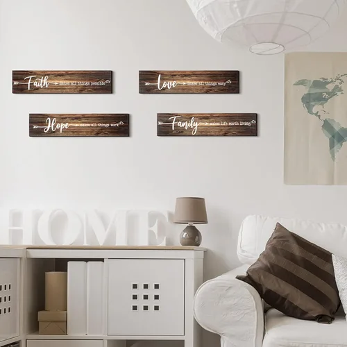 Miniatura 5 de 4 letreros de madera rústica con texto en inglés «Faith Love Hope», «Make All Things Possible», «Easy Work Living» para decoración de pared