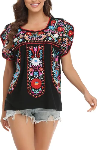 Miniatura 2 de YZXDORWJ Blusa de verano para mujer, estilo bohemio, estilo mexicano, con bordado, estilo bohemio