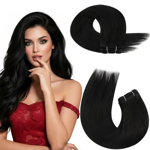Miniatura 61 de Moresoo - Extensiones de cabello humano real cosidas, Remy, lacio, doble trama, color negro jet, 14 pulgadas, 3.53 onzas