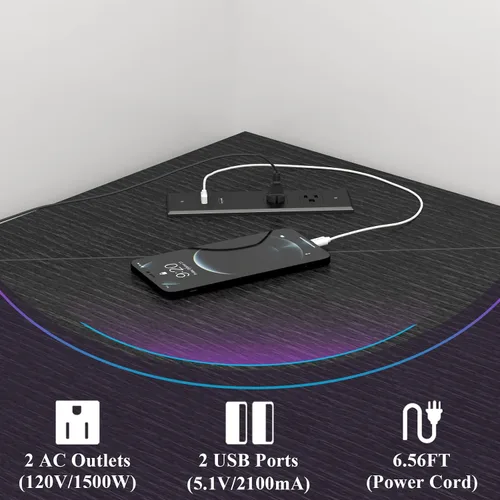 Miniatura 4 de Auromie Escritorio esquinero con tomas y puertos USB, mesa de esquina triangular de 90 grados con soporte para CPU y estantes de almacenamiento