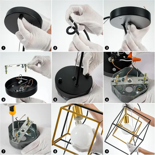 Miniatura 8 de Lámpara de araña geométrica moderna, lámpara colgante de metal con 1 luz, lámpara de techo colgante de latón negro, iluminación industrial de cubo