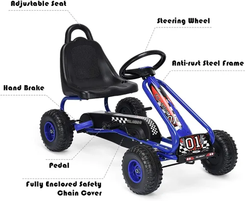 Miniatura 5 de HONEY JOY Go Kart para niños, carrito de 4 ruedas alimentado por pedal con volantes y asiento ajustable, freno de mano de seguridad, neumáticos Azul