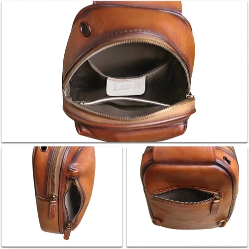 Miniatura 7 de LRTO Bolso bandolera pequeño de cuero genuino para mujeres y hombres, bolsa cruzada para el pecho, mochila para senderismo, deportes, viajes