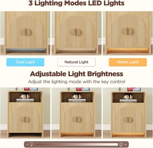 Miniatura 6 de Mesita de noche con estación de carga y luces LED, mesitas de noche con armario de almacenamiento ajustable, mesa auxiliar moderna con puertas