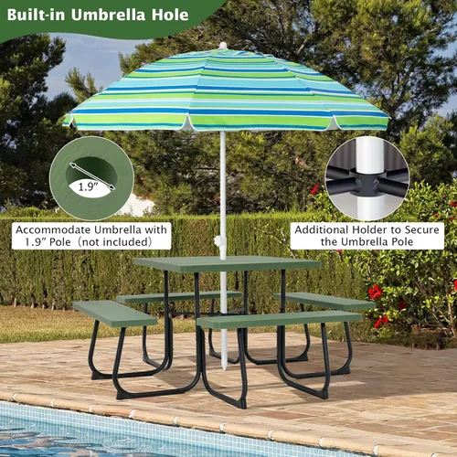 Miniatura 7 de Giantex Juego de mesa de picnic para 8 personas, mesa y banco al aire libre con agujero para paraguas, parte superior de polietileno de alta Verde