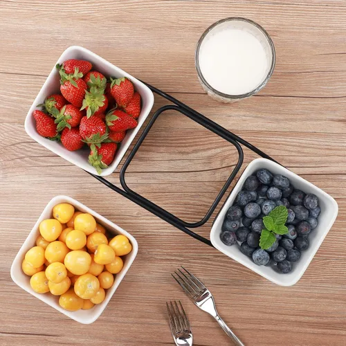 Miniatura 8 de Buyajuju Juego de 3 piezas de cuencos cuadrados de porcelana para chips y salsa con soporte de metal negro, cuencos pequeños de 4.5 pulgadas blancos