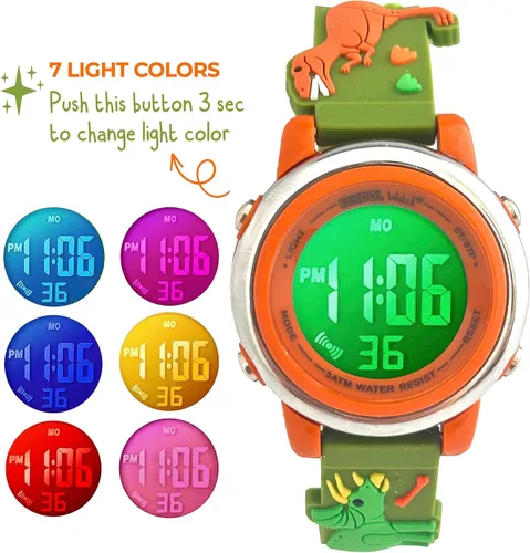 Miniatura 4 de Preschool Collection Reloj digital con luz para niños, camiones monstruo, dinosaurios, tiburón, unicornio, mariposa, araña, niñas, niños, escuela