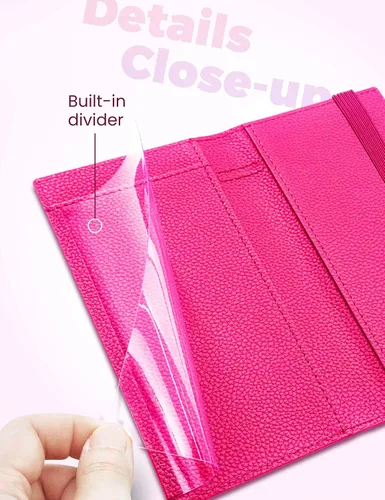 Miniatura 16 de Yarnic Funda para chequera personal, soporte para chequera con soporte para bolígrafo y divisor de plástico transparente integrado para cheques Rosa
