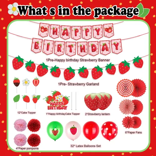 Miniatura 2 de Decoraciones de cumpleaños de tartas de fresa: pancarta, adornos para pasteles, globos, pompones de papel y abanicos para fiesta temática de fresas