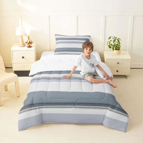 Miniatura 44 de jejeloiu Juego de edredón geométrico para niños, tamaño individual, diseño de rayas de color negro, blanco y gris, juego de ropa de cama decorativo