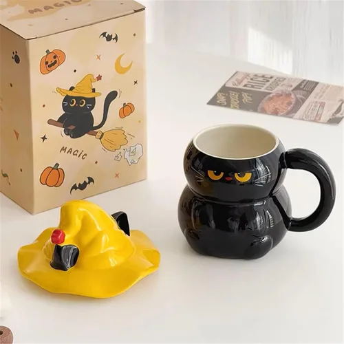 Miniatura 5 de Taza de café de cerámica, diseño de gato negro, hecho a mano, con sombrero de mago, tapa, asa, oficina, hogar, chocolate caliente con leche, regalos