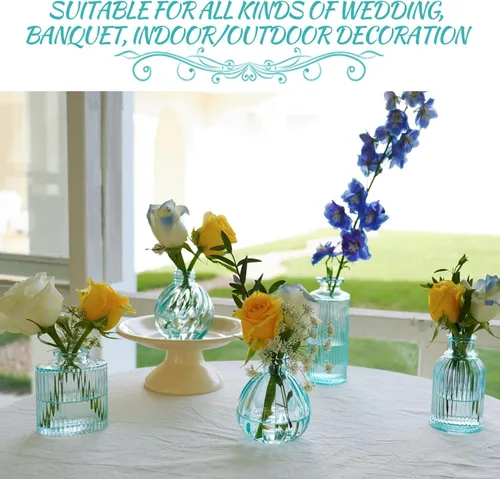 Miniatura 2 de Jarrones de Brotes a Granel 24, Jarrón de Vidrio Azul, Jarrones Pequeños para Flores, Jarrón Moderno de Vidrio Acanalado para Boda Florero de Azul