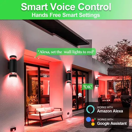 Miniatura 6 de wowlite Paquete de 2 luces RGB arriba y abajo para exteriores, luces de porche trasero, lámparas de pared al aire libre, control de aplicación WiFi