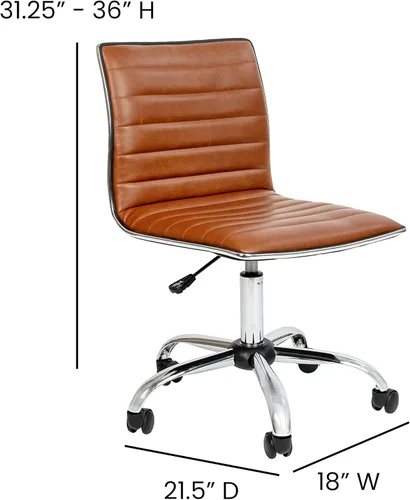 Miniatura 3 de Flash Furniture - Silla de oficina, vinilo marrón, estructura cromada, sin reposabrazos, asiento y respaldo acanalados, diseño de respaldo bajo