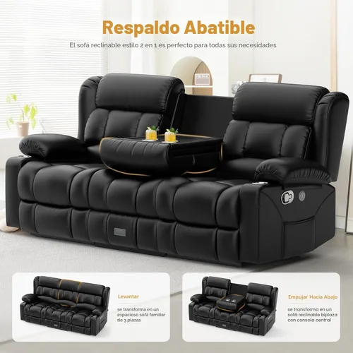 Miniatura 4 de Dresegmt Sofá reclinable biplaza, diseño de respaldo central abatible, sofá reclinable de 3 asientos de piel sintética con cajón de almacenamiento